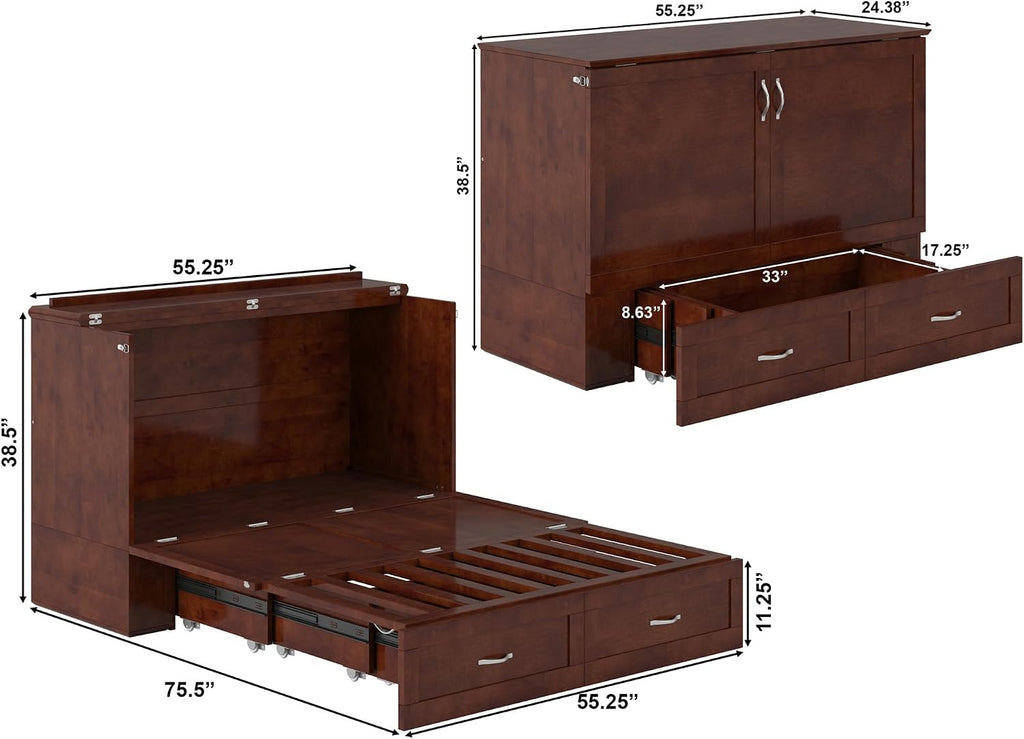 AFI Hamilton Full Murphy Bed Chest with Mattress, Storage, and Built-in Charger in Walnut