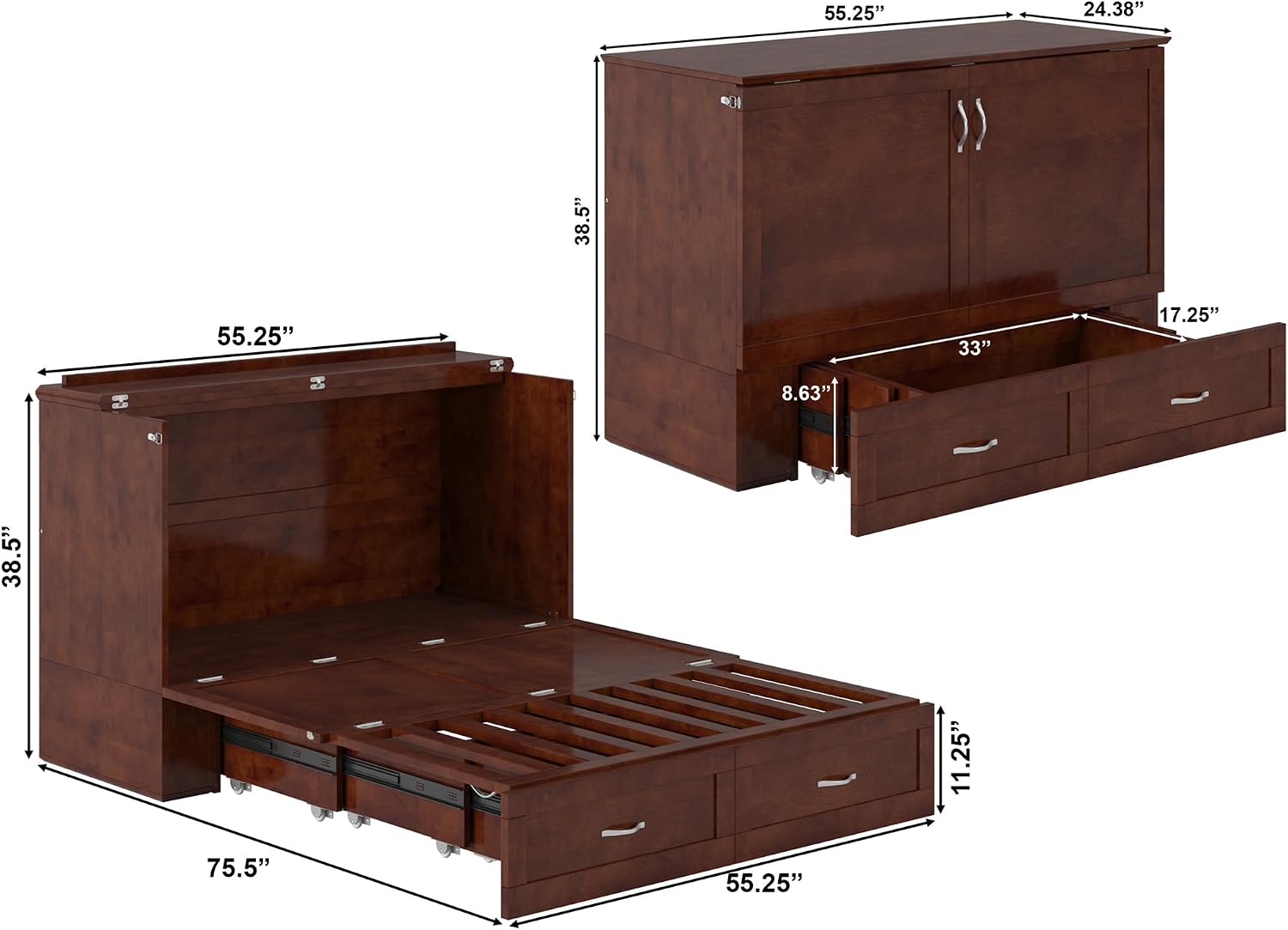 AFI Hamilton Full Murphy Bed Chest with Mattress, Storage, and Built-in Charger in Walnut