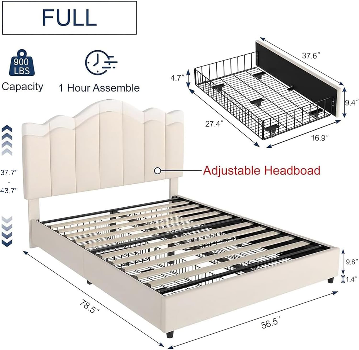VECELO Full Size Platform Bed Frame with Type-C & USB Charging Stations/4 Storage Drawers, Upholstered Adjustable Headboard, Strong Wooden Slats Support, No Box Spring Needed, Easy Assembly