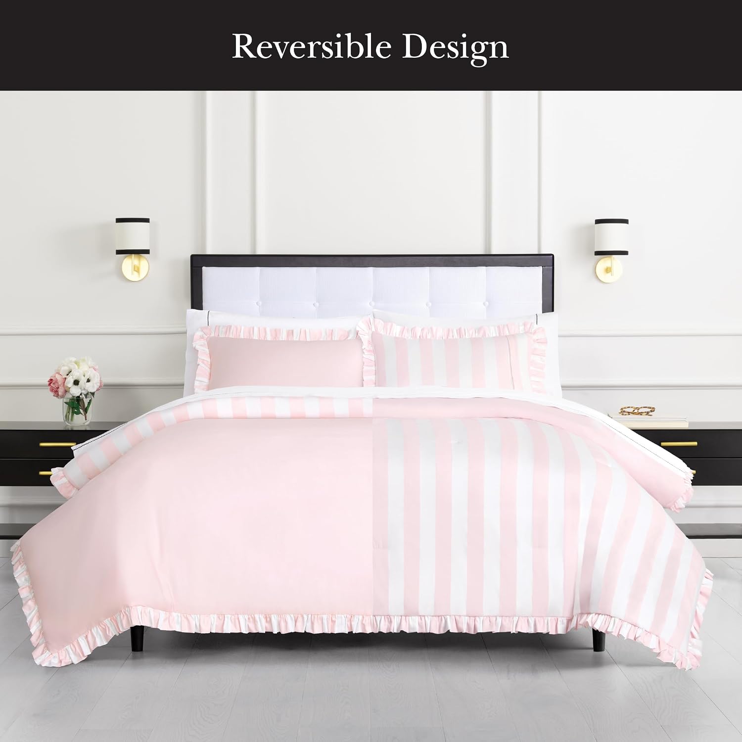 kate spade new york Sateen Ruffle Full/Queen Comforter Set, 300 Thread Count Cotton Sateen Reversible Cover, All Season 3 Piece Bedding, Machine Washable, Pink