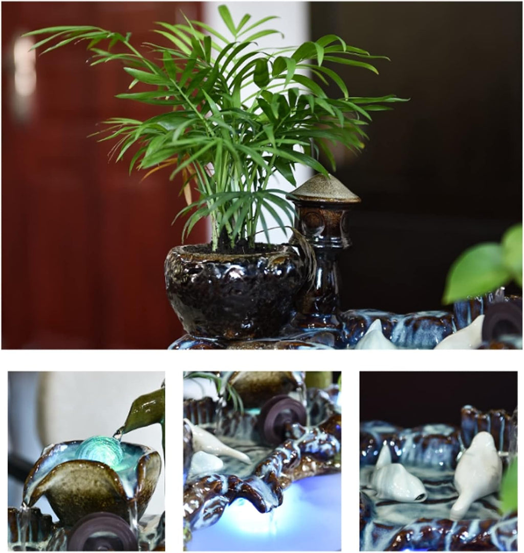 HIHELO Desktop Fountain Ceramic Tabletop Fountain Indoor Waterfall Fountain Decorative Tabletop Fountain for Bedroom, Office, Living Room Water Fountain Outdoor
