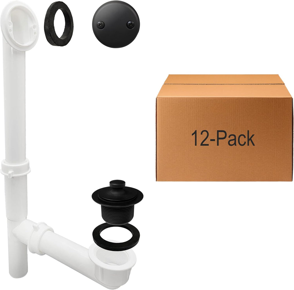 Westbrass 597244-12-62 14' White Poly Tubular Bath Waste & Overflow Assembly with 2-Hole Faceplate and Pull To Close Drain Plug, Matte Black (12-Pack)