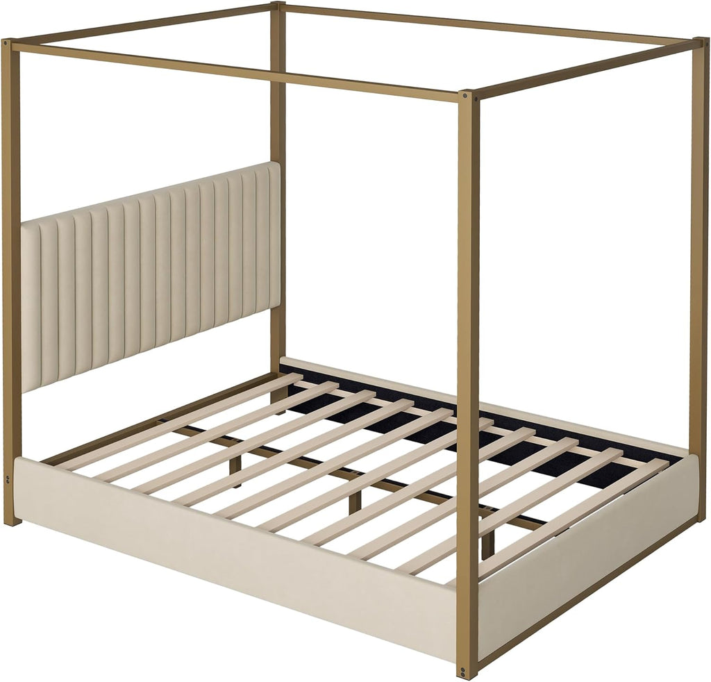 LUMISOL Queen Size Metal Canopy Bed Frame, 4 Poster Canopy Bed with Tall Upholstered Headboard, Upholstered Low Profile Canopy Platform Bed, No Box Spring Needed, Beige + Gold