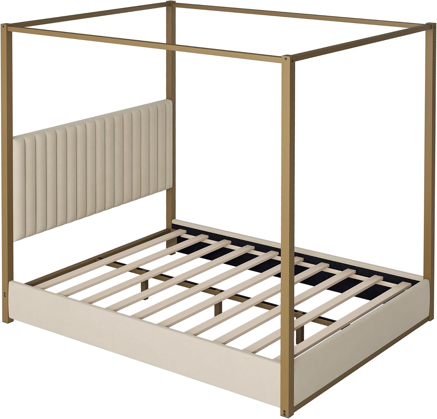 LUMISOL Queen Size Metal Canopy Bed Frame, 4 Poster Canopy Bed with Tall Upholstered Headboard, Upholstered Low Profile Canopy Platform Bed, No Box Spring Needed, Beige + Gold