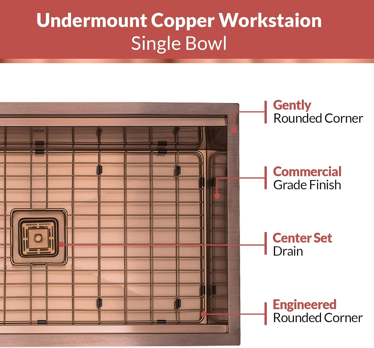 Strictly Sinks Undermount Workstation Copper Kitchen Sink –32 Inch 16 Gauge Single Bowl Kitchen Sink with Bottom Grid, Wooden Cutting Board, Colander, 1 Garbage Disposal Adapter, & 1 Strainer Drain