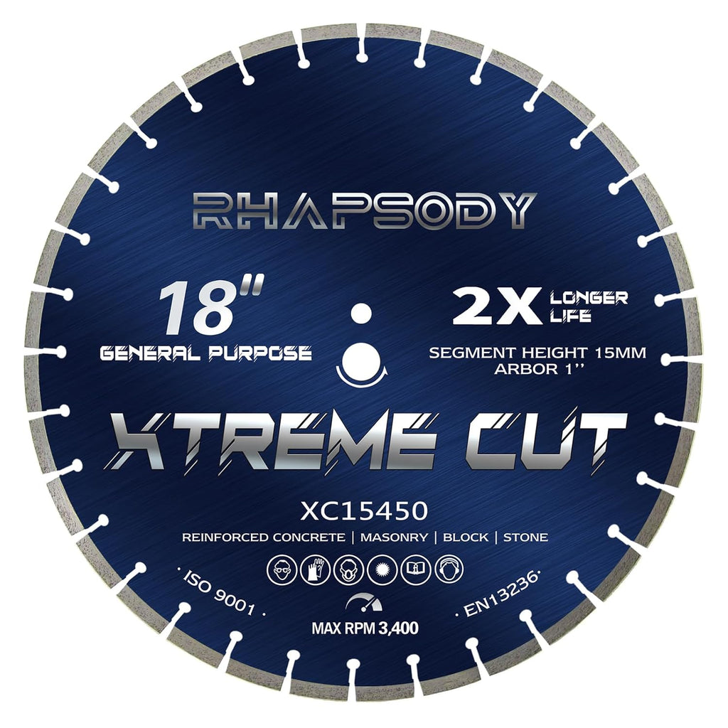 RHAPSODY 18 Inch Diamond Saw Blade - Segmented General Purpose for Dry/Wet Cutting Concrete, Reinforced Concrete, Masonry, Brick, Block - 1' Arbor