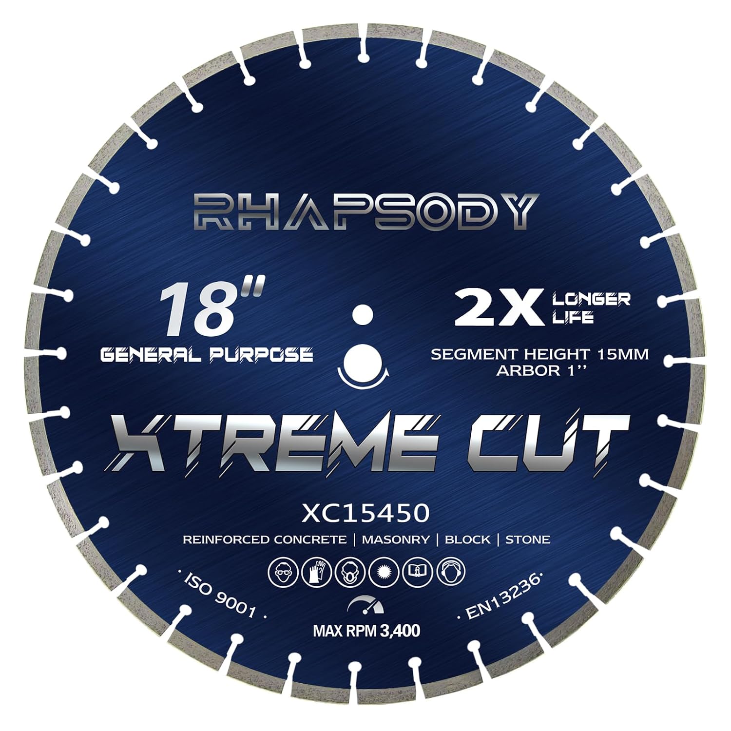 RHAPSODY 18 Inch Diamond Saw Blade - Segmented General Purpose for Dry/Wet Cutting Concrete, Reinforced Concrete, Masonry, Brick, Block - 1' Arbor