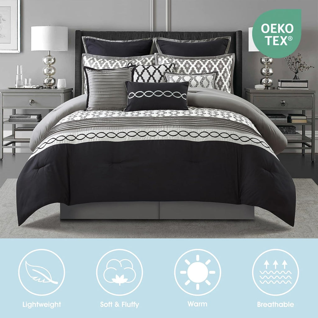LANCO MODERN LIFESTYLE California King Comforter Set, Black, 10 Piece Bed in a Bag for All Seasons, Luxury Extreme Comfort Bedding Sets with Bedskirt, Pillow Shams, Euro Shams and Decor Pillows