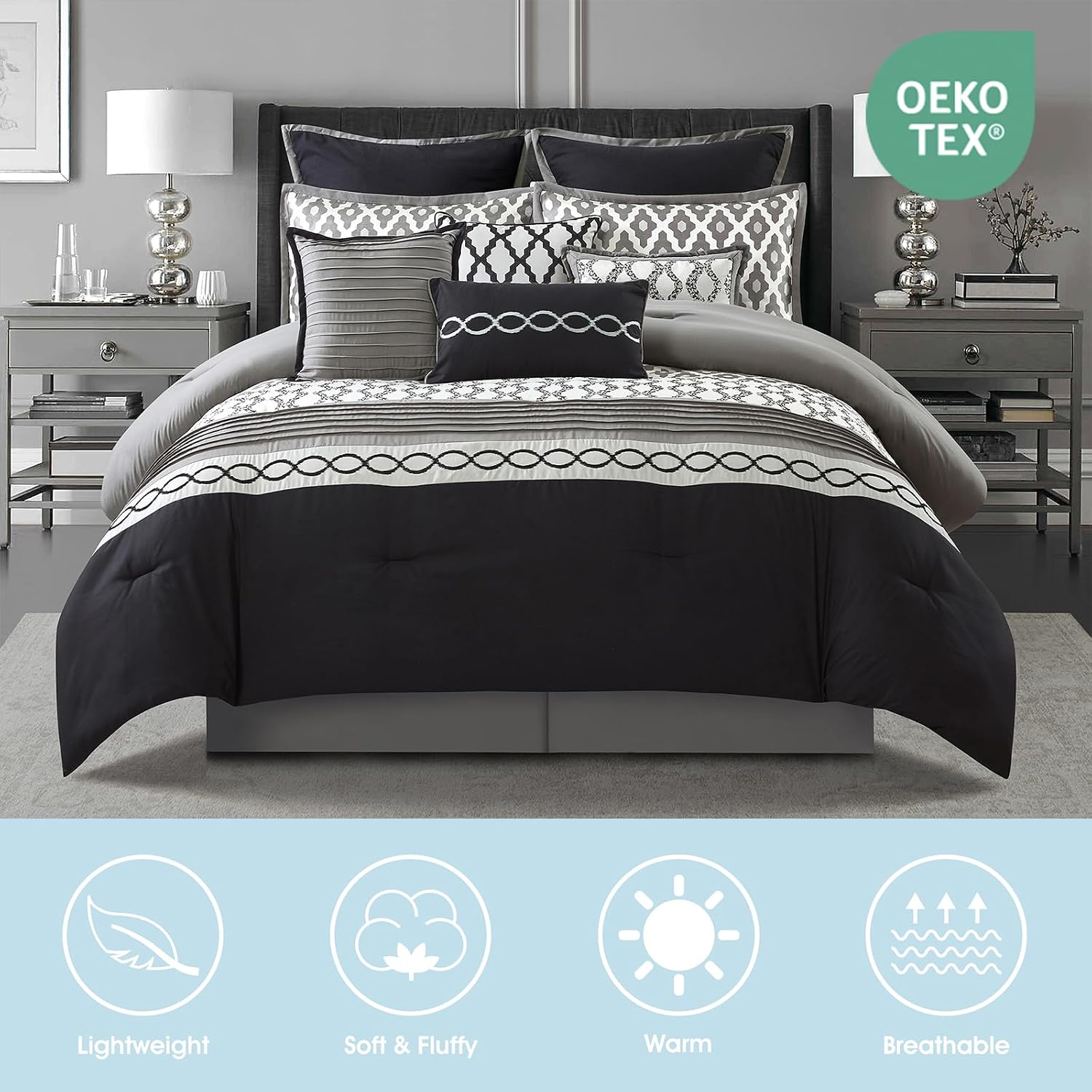 LANCO MODERN LIFESTYLE California King Comforter Set, Black, 10 Piece Bed in a Bag for All Seasons, Luxury Extreme Comfort Bedding Sets with Bedskirt, Pillow Shams, Euro Shams and Decor Pillows