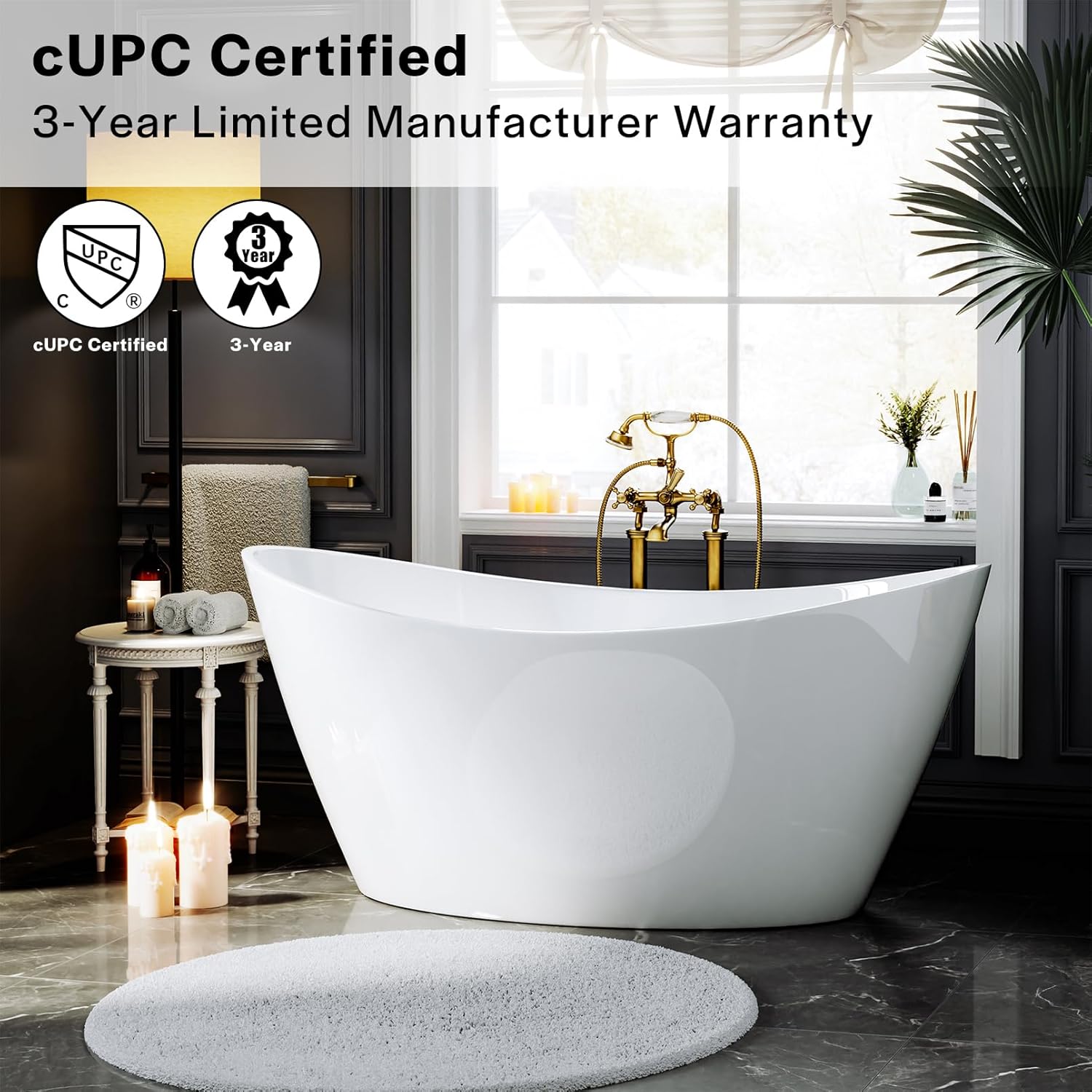 Empava Bathtub, 67' Soaking Tub, Acrylic Free Standing Tub with Center Drain and Overflow, Contemporary Design Bathtub for Bathroom, cUPC Certified, Glossy White