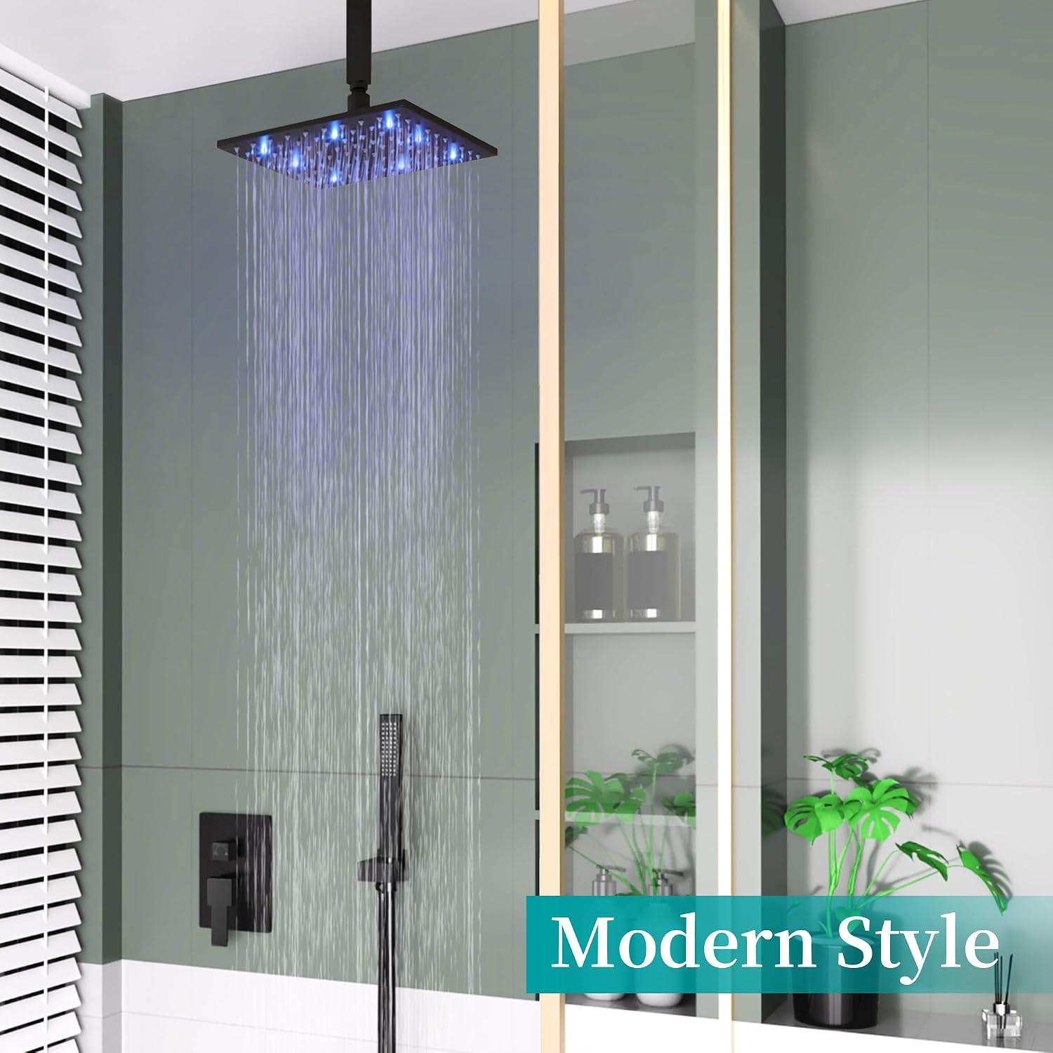 SKOWLL Shower Faucets Sets Complete Ceiling Mount 12 Inch LED Shower Head System with Handheld, Bathroom Rainfall Shower Fixtures Valve Kit, 3 Color Changing Showerhead, Matte Black