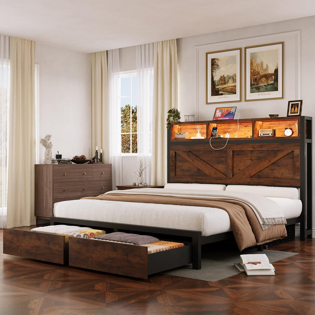 Incyneva Farmhouse Queen Bed Frame with Bookcase Storage Headboard, Charging Station, LED Light and 2 Storage Drawers, Noise Free, No Box Spring Needed, Brown