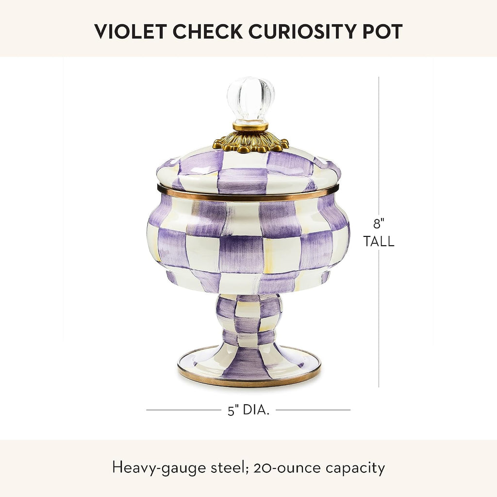 MACKENZIE-CHILDS Enamel Curiosity Pot, Decorative Container for Home Decor, Purple-and-White Violet Check
