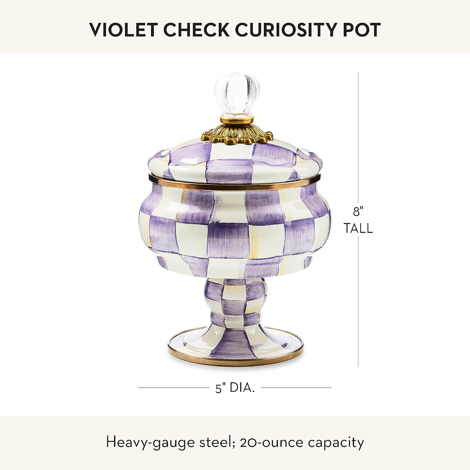 MACKENZIE-CHILDS Enamel Curiosity Pot, Decorative Container for Home Decor, Purple-and-White Violet Check