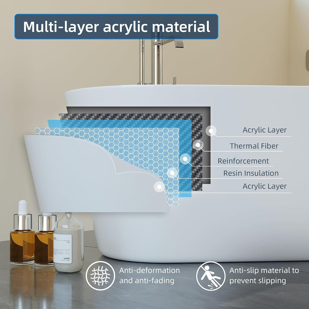 59 Inch Freestanding Bathtub Acrylic Free Standing Tub with Chrome Drain & Overflow, Ergonomic Stand Alone Tub for Small Bathroom or Home Spa