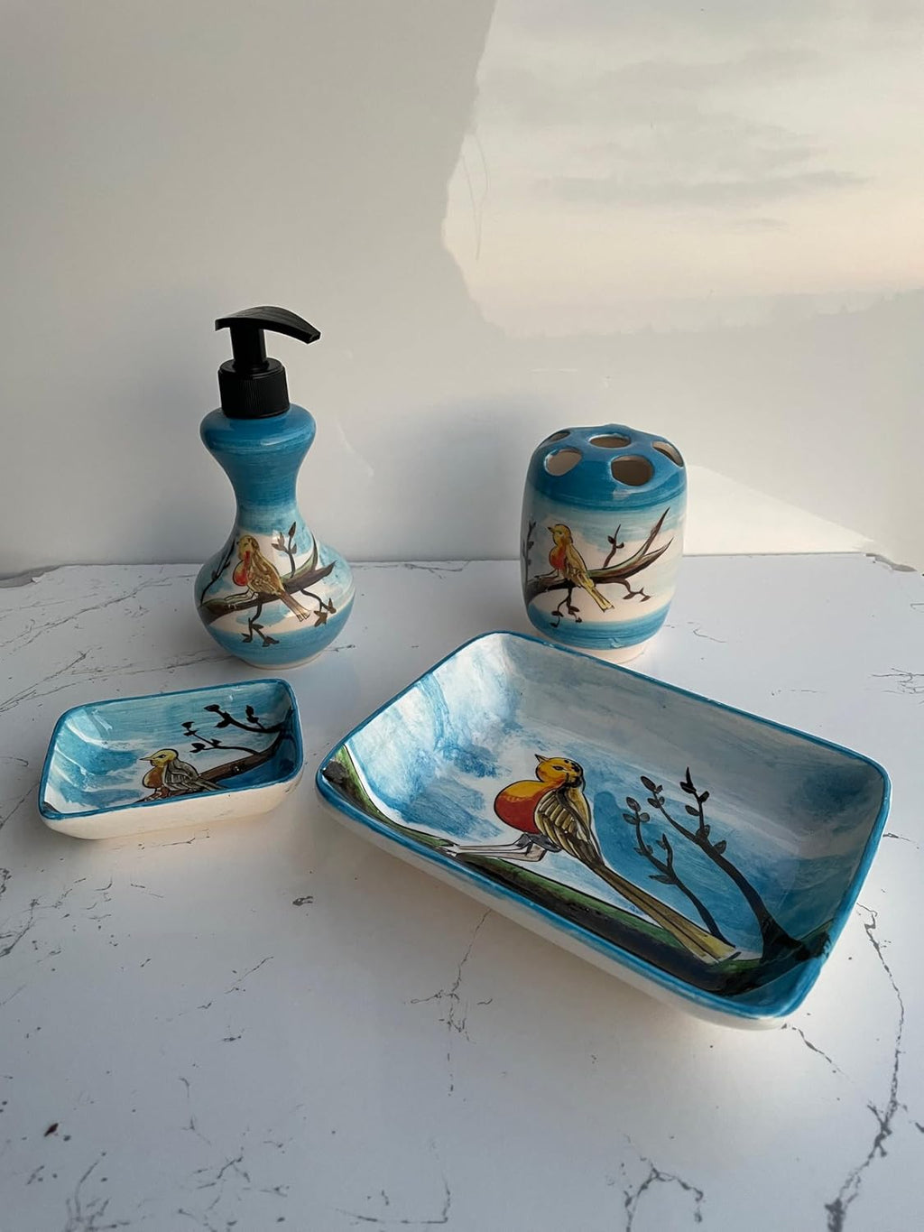 Blue Bathroom Accessory Set 4 Pieces & Birds, Soap Dispenser, Toothbrush Holder, Soap Dish, Lotion Dispenser, Animal Decor, Washing Set Gift (Product ?: Set (4 pcs))
