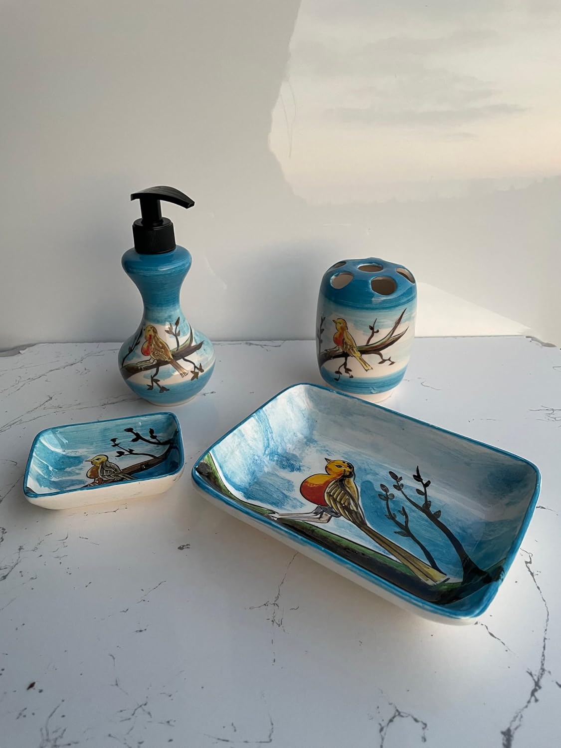 Blue Bathroom Accessory Set 4 Pieces & Birds, Soap Dispenser, Toothbrush Holder, Soap Dish, Lotion Dispenser, Animal Decor, Washing Set Gift (Product ?: Set (4 pcs))
