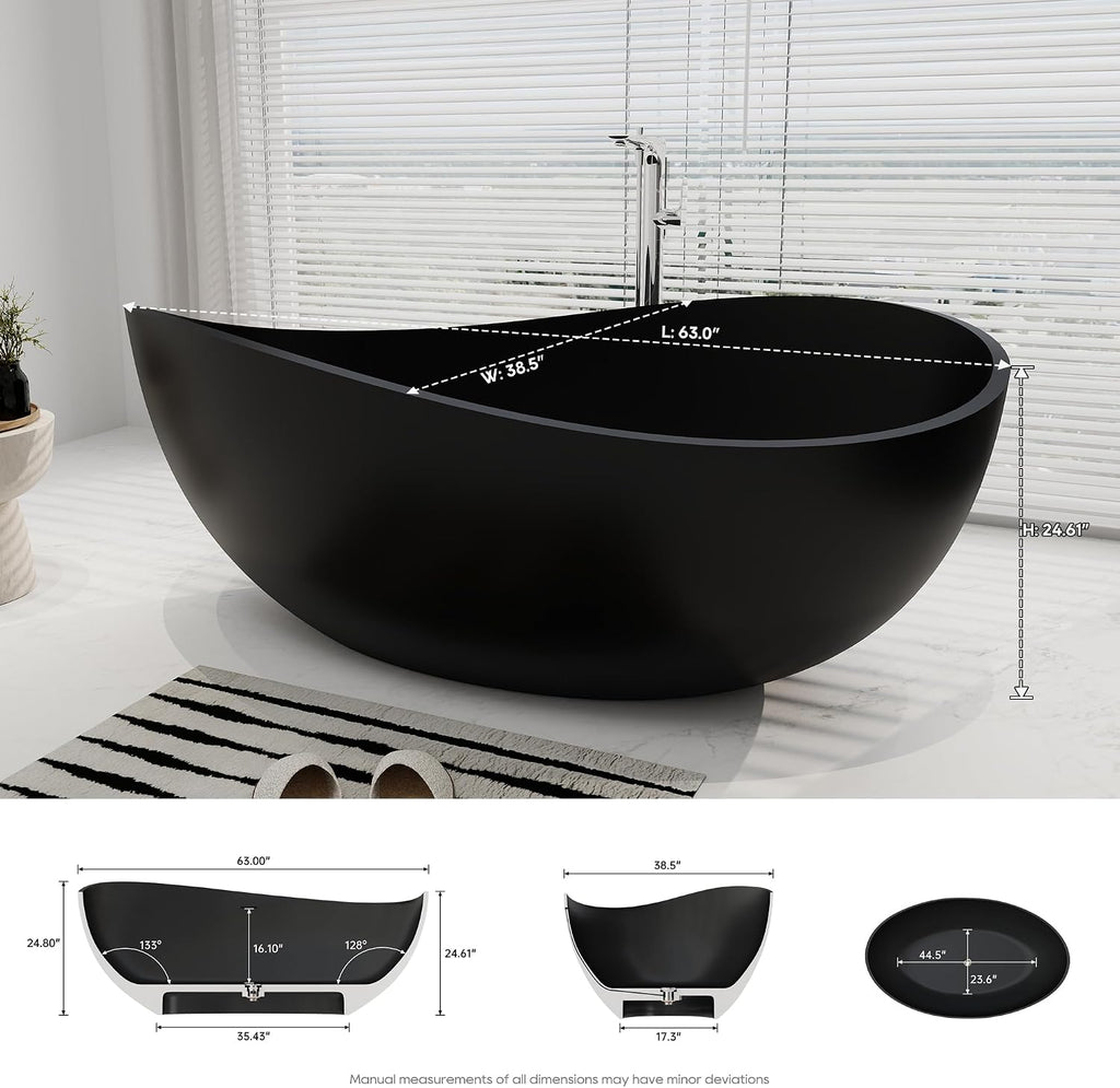 SJ STAR&JANE 63' x 38' Solid Surface Freestanding Bathtub, Oval Soaking Tub with Overflow and Pop-up Drain for Bathroom Matte Black