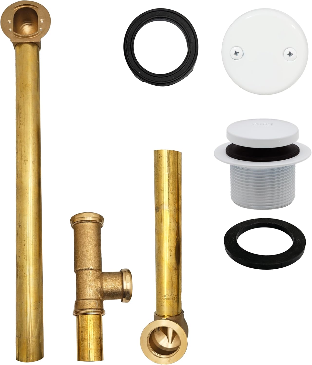 Westbrass D326-50 22-1/2' 17 Gauge Brass Bath Waste & Overflow Assembly with Tip-Toe Drain Plug and 2-Hole Faceplate, Powder Coat White