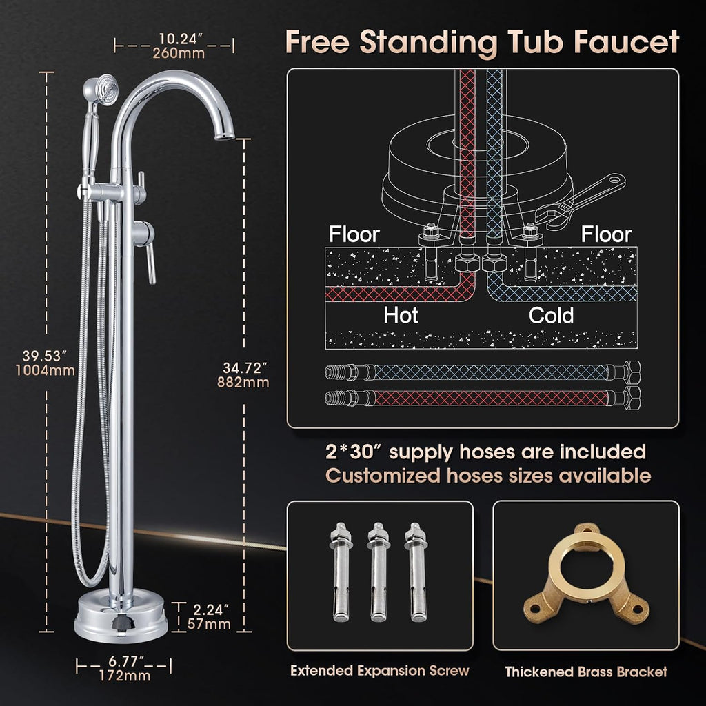 Free Standing Bathtub Faucet Brass Bathtub Faucets High Flow Soaker Tub Faucet with Vintage Handheld Sprayer Polished Chrome