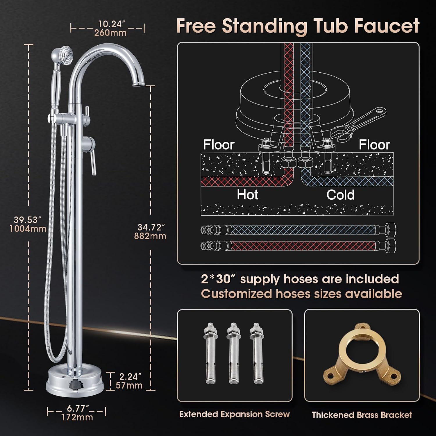 Free Standing Bathtub Faucet Brass Bathtub Faucets High Flow Soaker Tub Faucet with Vintage Handheld Sprayer Polished Chrome