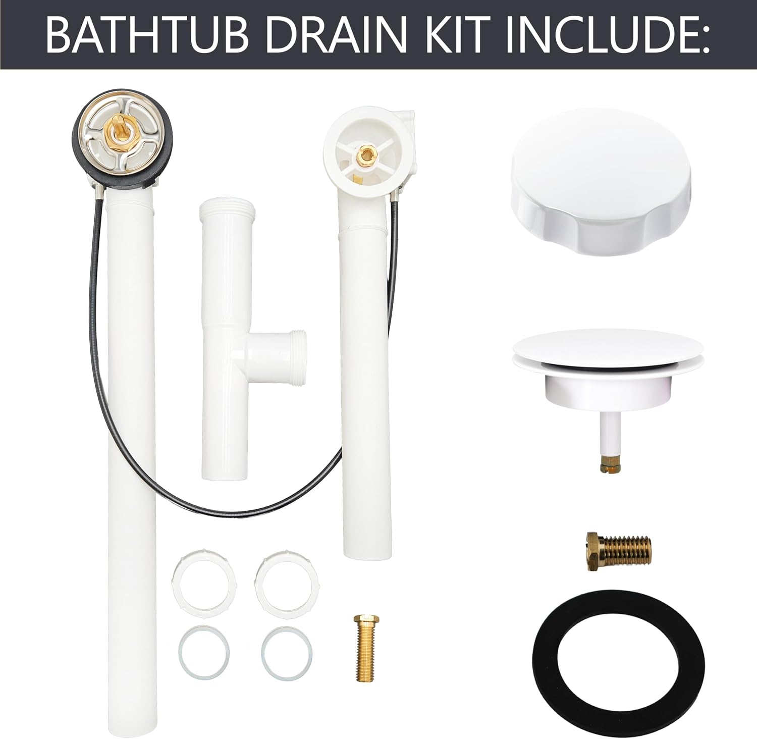 Westbrass A50P27TLE-50 27' Cable Drive Bath Drain Trim Kit with Rotary Overflow Cover Knob, European Stopper and Poly Tubular Pipes, White