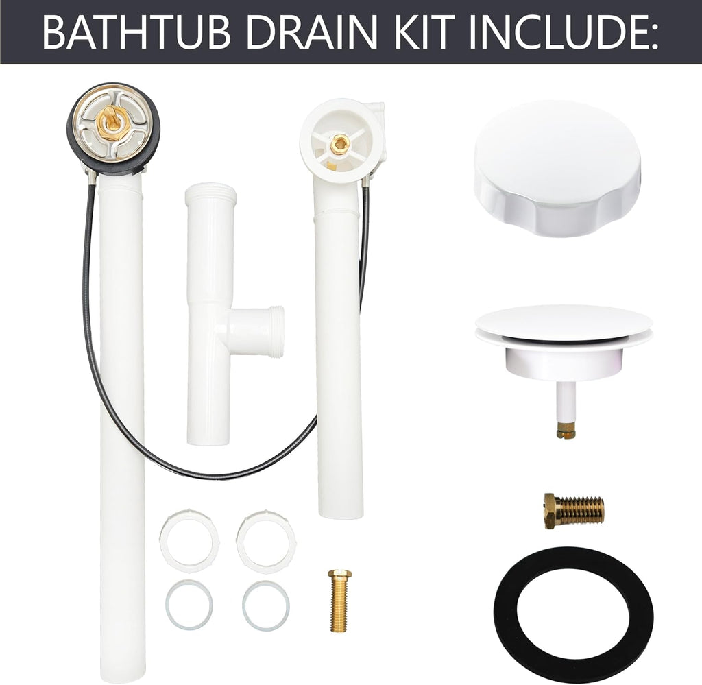 Westbrass A50P35TLE-50 35' Cable Drive Bath Drain Trim Kit with Rotary Overflow Cover Knob, European Stopper and Poly Tubular Pipes, White