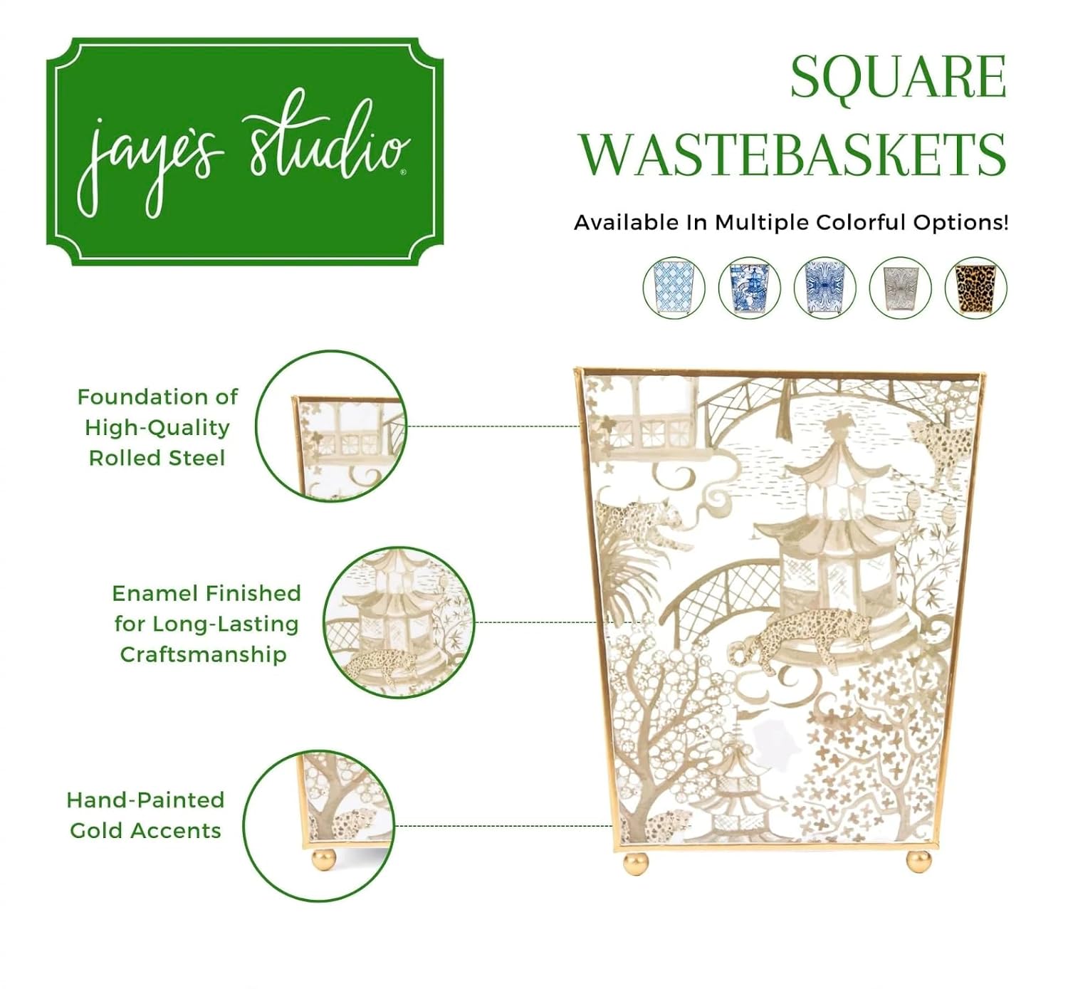 Jaye's Studio Garden Party Decorative Gold Waste Basket for Bathroom Trash Can no Lid, Bedroom Garbage Can Square Office Trash Bin, Vanity Enamel White & Blue Bathroom Trash Can Gold Feet, 9 inch Wide