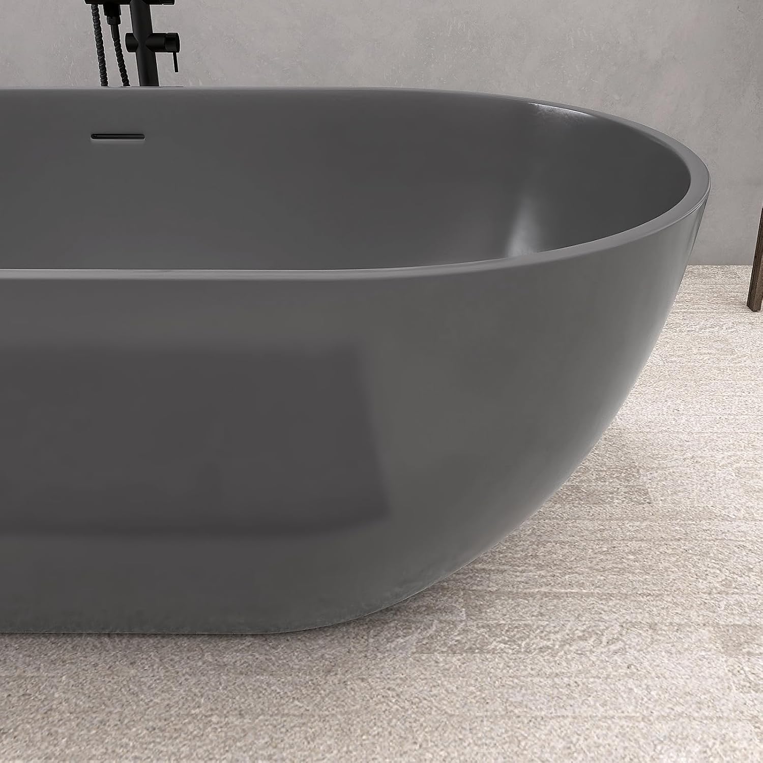 59'' Dark Grey Freestanding Tubs Bathtub Solid Surface Resin Stone Bathtubs soaker Tubs Oval Shaped Matte Luxury Modern Soaking Tub with Overflow and Pop-up Drain