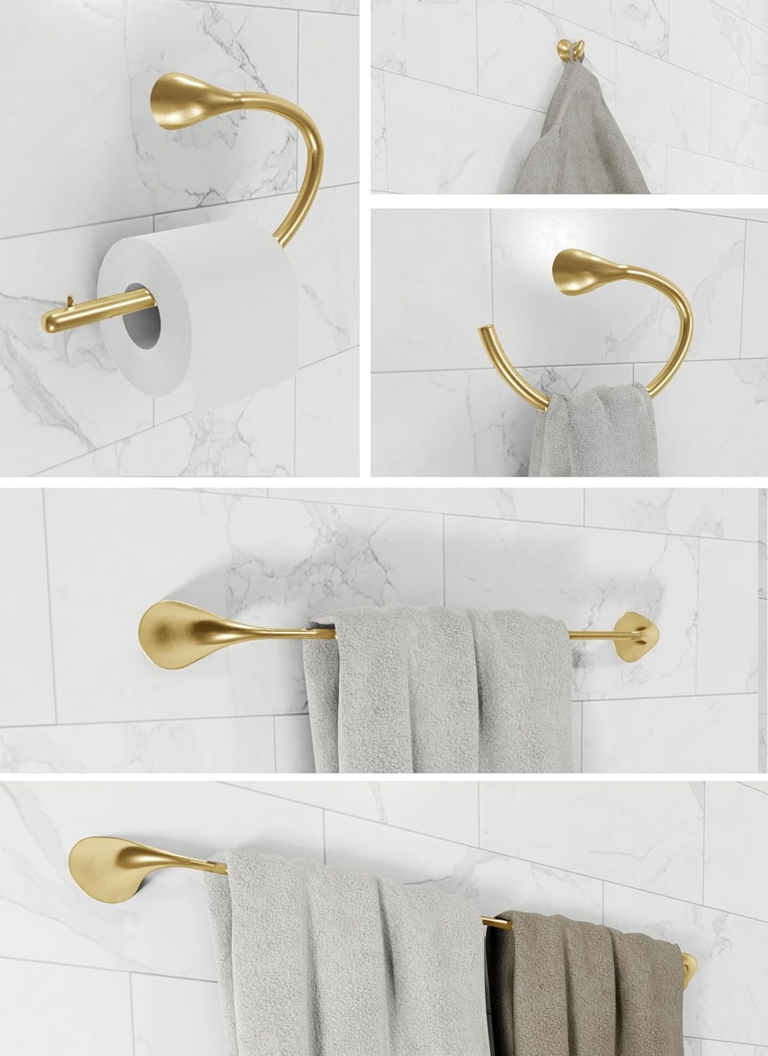 Hollywood Bathroom Accessory Complete Set (Gold), Robe Hook, Toilet Paper Holder, Towel Ring, Towel Bar (18 and 24 Inch) Wall Mount Hanger for Kitchen Accessories