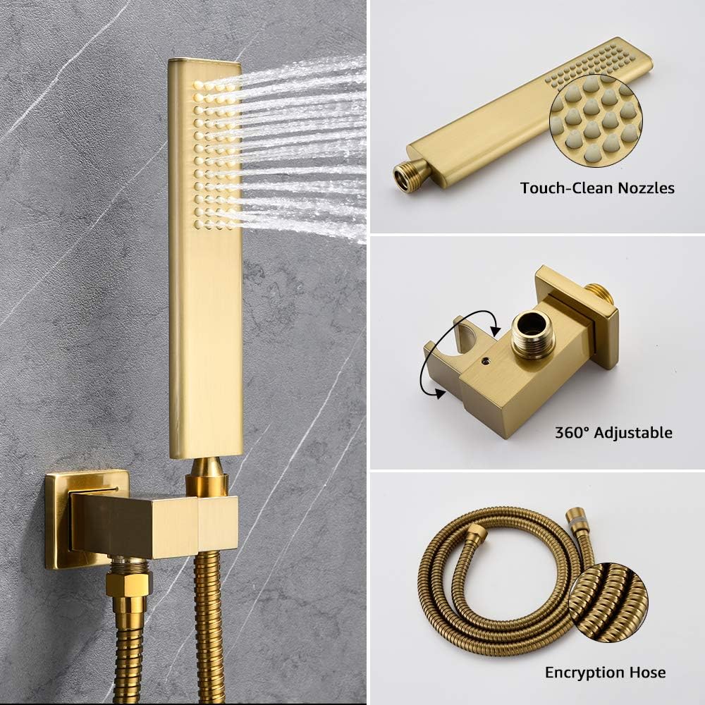 Iriber Ceiling Brushed Gold Rain Shower System with Waterfall Tub Spout 3 Function Shower Faucet Set Contain 12 Inch Shower Head and Handheld Shower Trim Kit (Valve Cartridge Included)
