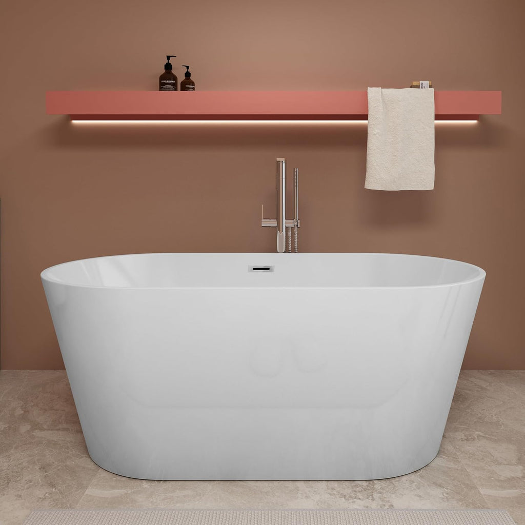 59 inch Freestanding Soaking Bathtub, Modern Stand Alone Free Standing Acrylic Tub with Center Drain & Overflow, Glossy White