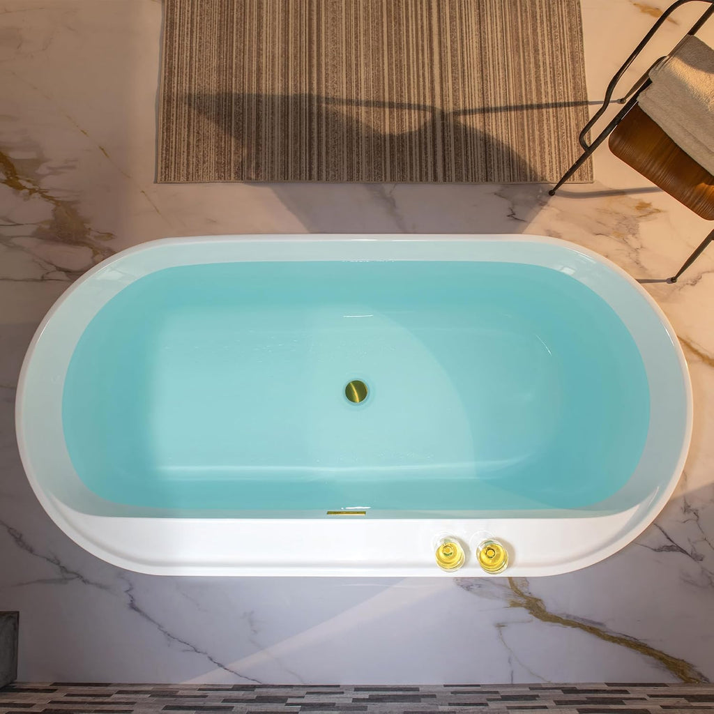 WOODBRIDGE 72' Acrylic Freestanding Bathtub Contemporary Soaking White Tub with Brushed Gold Overflow and Drain,B0059-BG