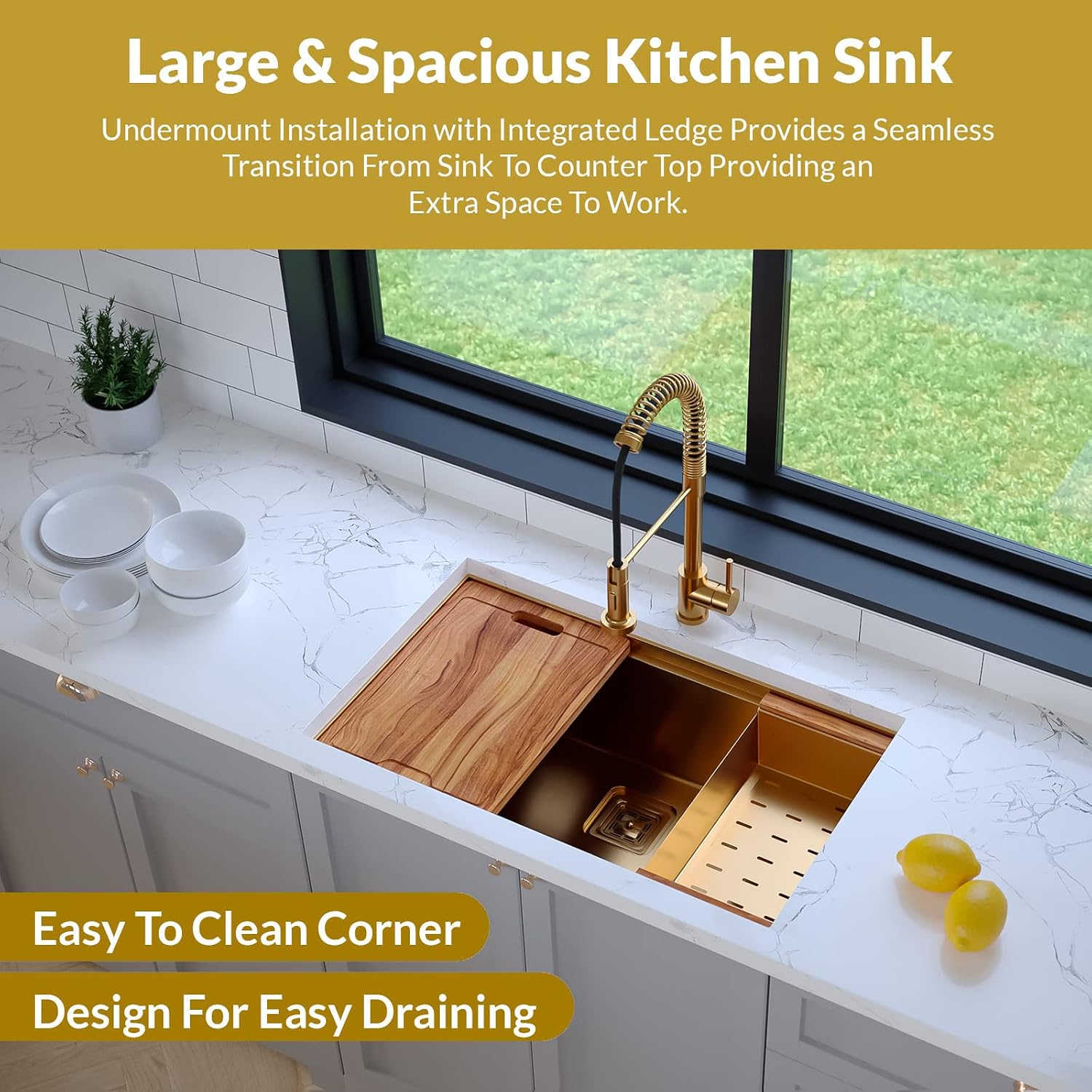 Strictly Sinks Undermount Workstation Gold Kitchen Sink –32 Inch 16 Gauge Single Bowl Kitchen Sink with Bottom Grid, Wooden Cutting Board, Colander, 1 Garbage Disposal Adapter, & 1 Strainer Drain
