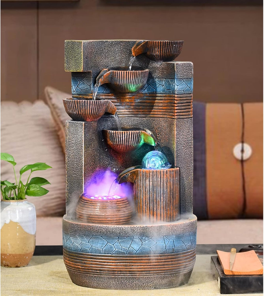 HIHELO Desktop Fountain Indoor Tabletop Fountain Decoration Tiered Bowl Waterfall Design Quiet and Soothing Water Sound for Home Office Water Fountain Outdoor