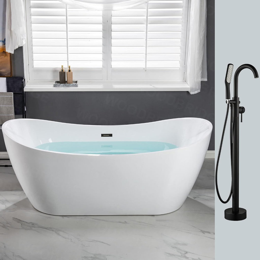 WOODBRIDGE 71'Freestanding White Acylic Soaking Bathtub with Drain Kit and Floor Mount Tub Filler in Matte Black,BTA1517 -MB-Drain &O+ F0006MBSQ