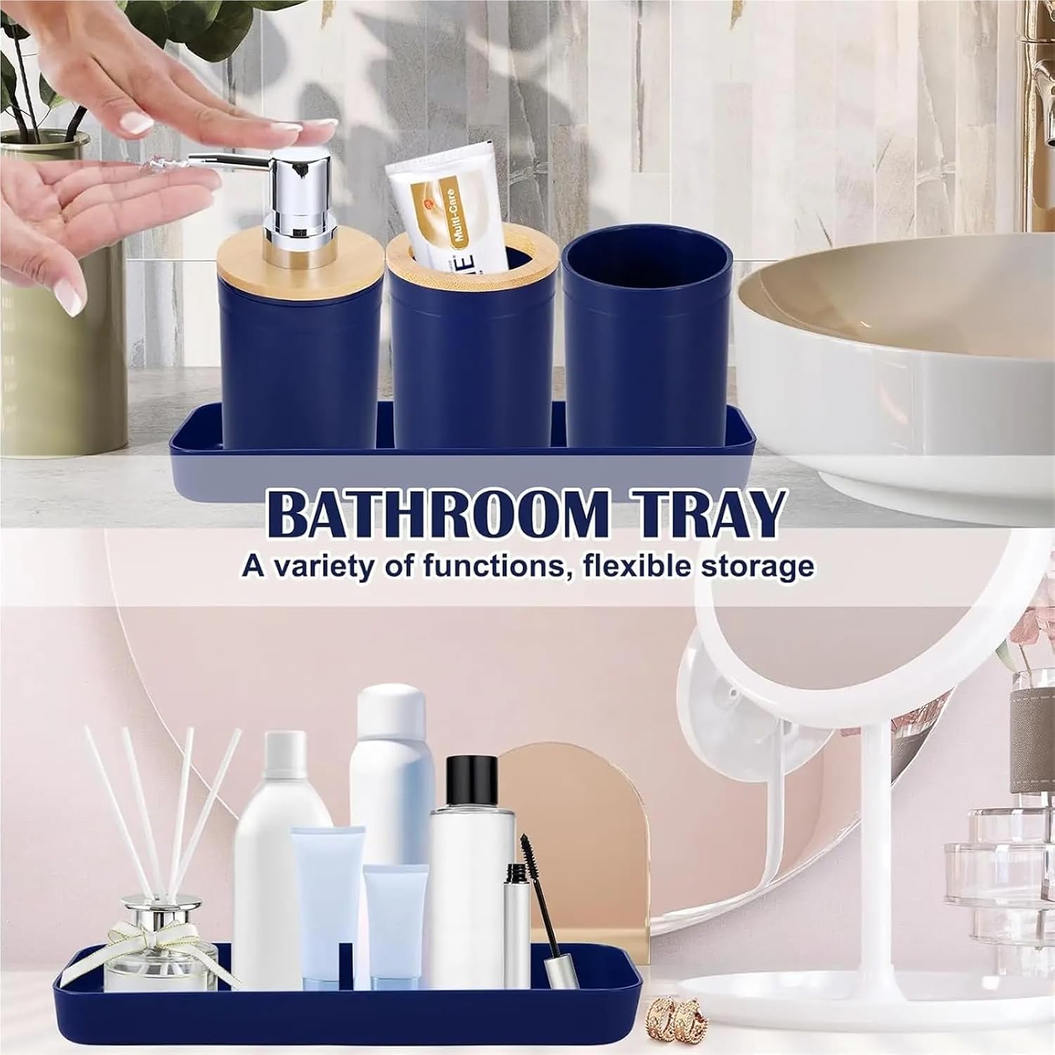 Bathroom Accessories Set Navy Blue Bathroom Decor Sets with Trash Can,Toilet Brush,Toothbrush Holder, Lotion Soap Dispenser,