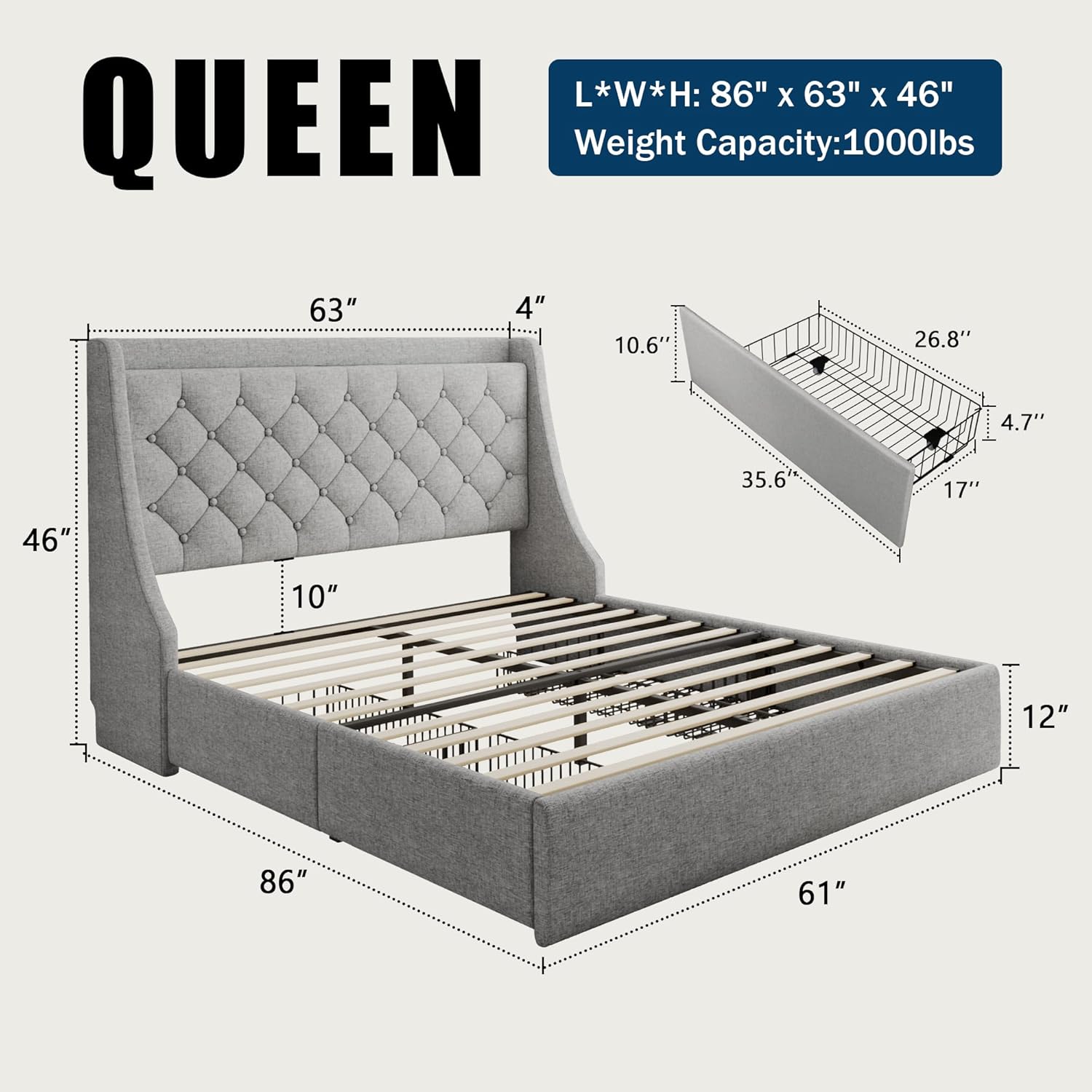 GalnFu Queen Bed Frame with 4 Storage Drawers, Giant Upholstered Wingback Headboard, Fast Charging Station, No Box Spring Needed, Noise-Free, Light Gray