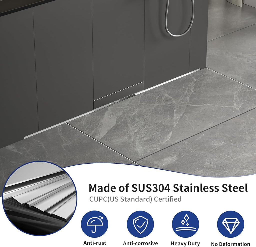 Linear Wall Drain 42'', 304 Stainless Steel Side Drain w/Tiled Grate & Hair Strainer, Brushed Tiled Shower Drain for Bathroom, CUPC Certified