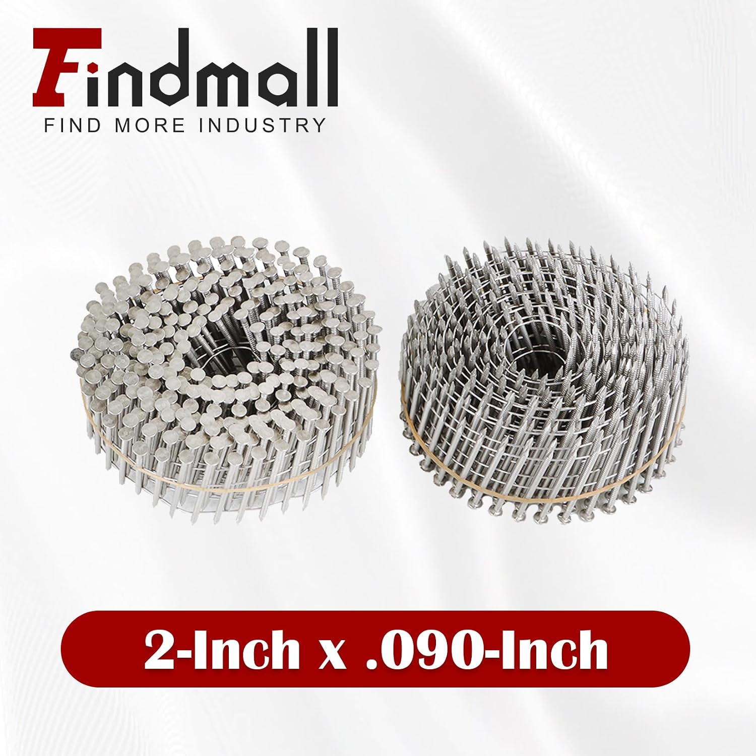 findmall 3600 Count 2-Inch x .090-Inch Ring Shank 304 Stainless Steel Siding Nails 15-Degree Collated Wire Coil for Wood Siding or Fencing Applications