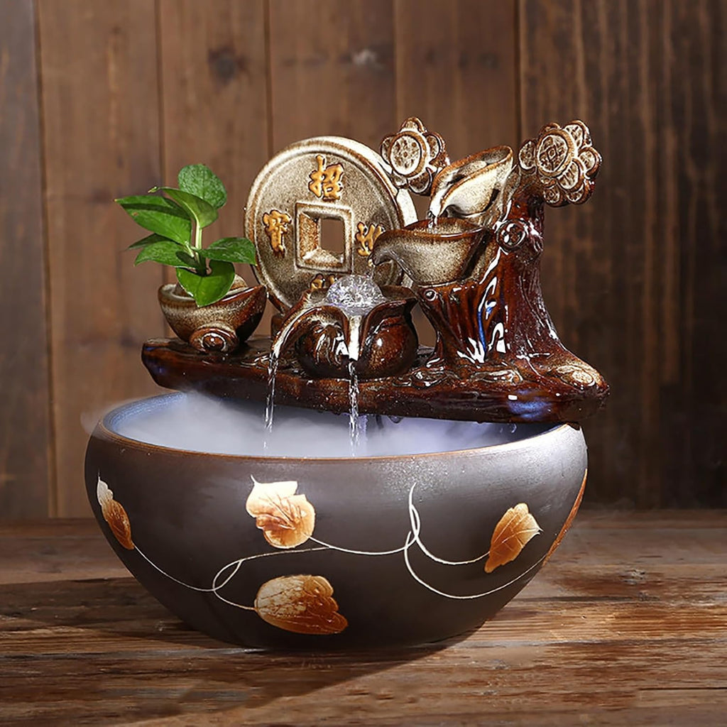 Tabletop Water Fountain, Mist Humidifier, Chinese Ceramic Desk Decor, Porcelain Indoor Feature for Living Room Office(C)
