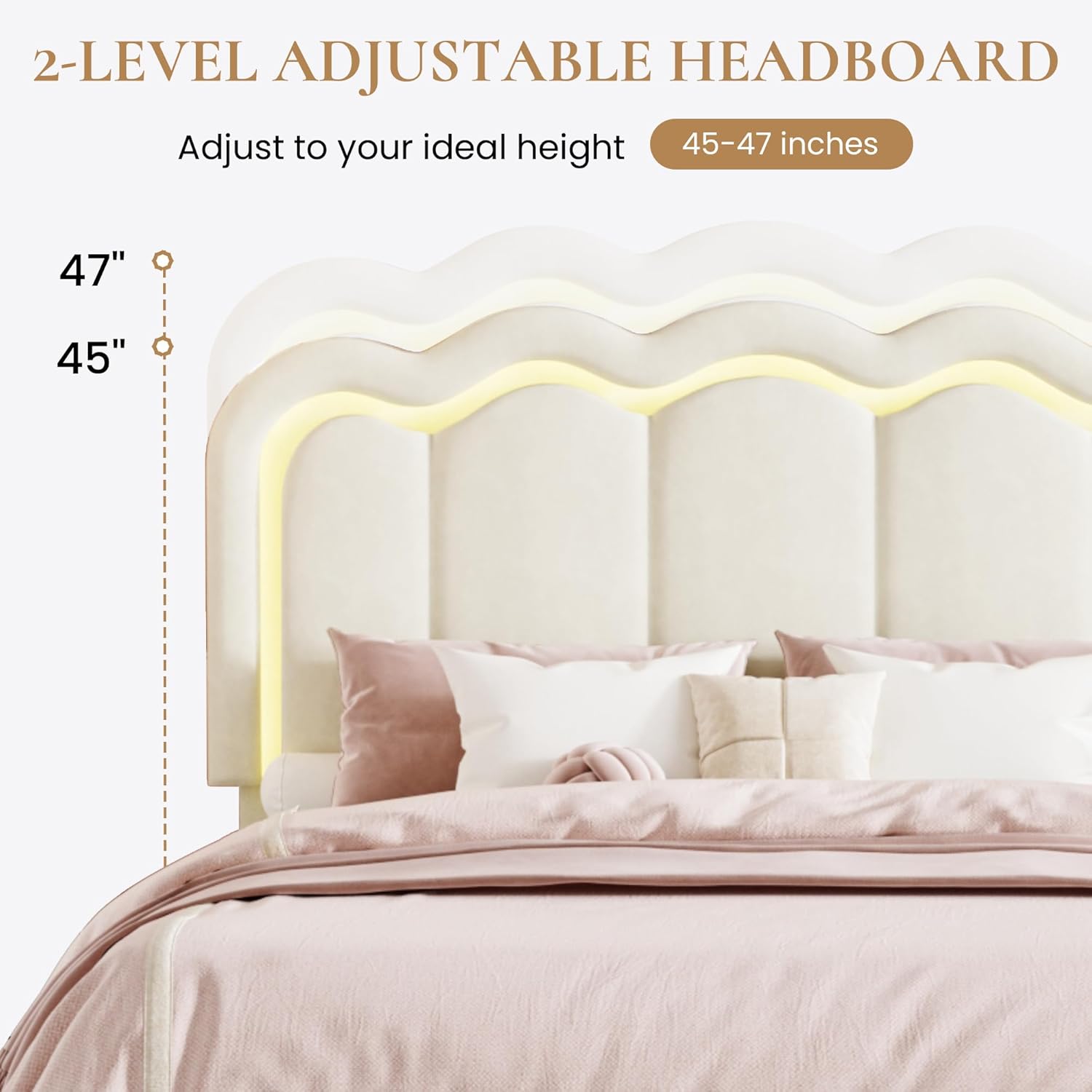 SHA CERLIN Upholstered Queen Size Bed Frame with LED Lights and Large Storage Drawer, Velvet Platform Bed with Adjustable Wavy Headboard, Noise Free, Easy Assembly, No Box Spring Needed, Soft Cream