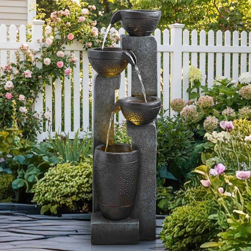 40' Inch Water Fountain Outdoor&Indoor 4-Tiers Large Outdoor Patio Decor Gray Garden Water Fountain for Outside Waterfall with LED Light&Pump Resin Modern Floor-Standing Water Feature Outdoor