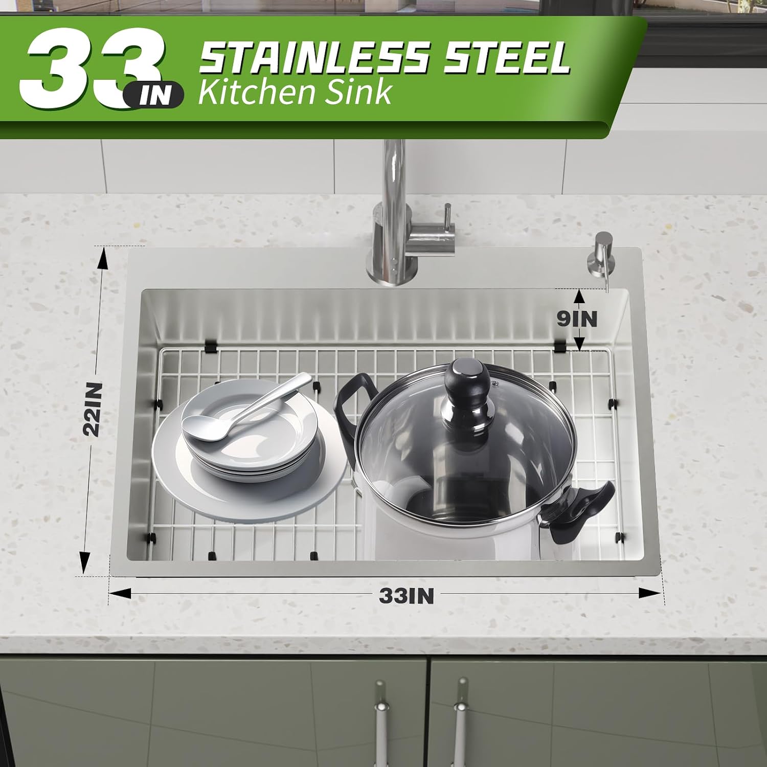 Stainless Steel Drop In 33x22 Inch Kitchen Sink - Modern Large Single Bowl Topmount Kitchen Sink Come With SS Grid,Silicon Mat,Drain Strainer Set Compatibility With Various Kitchen Styles