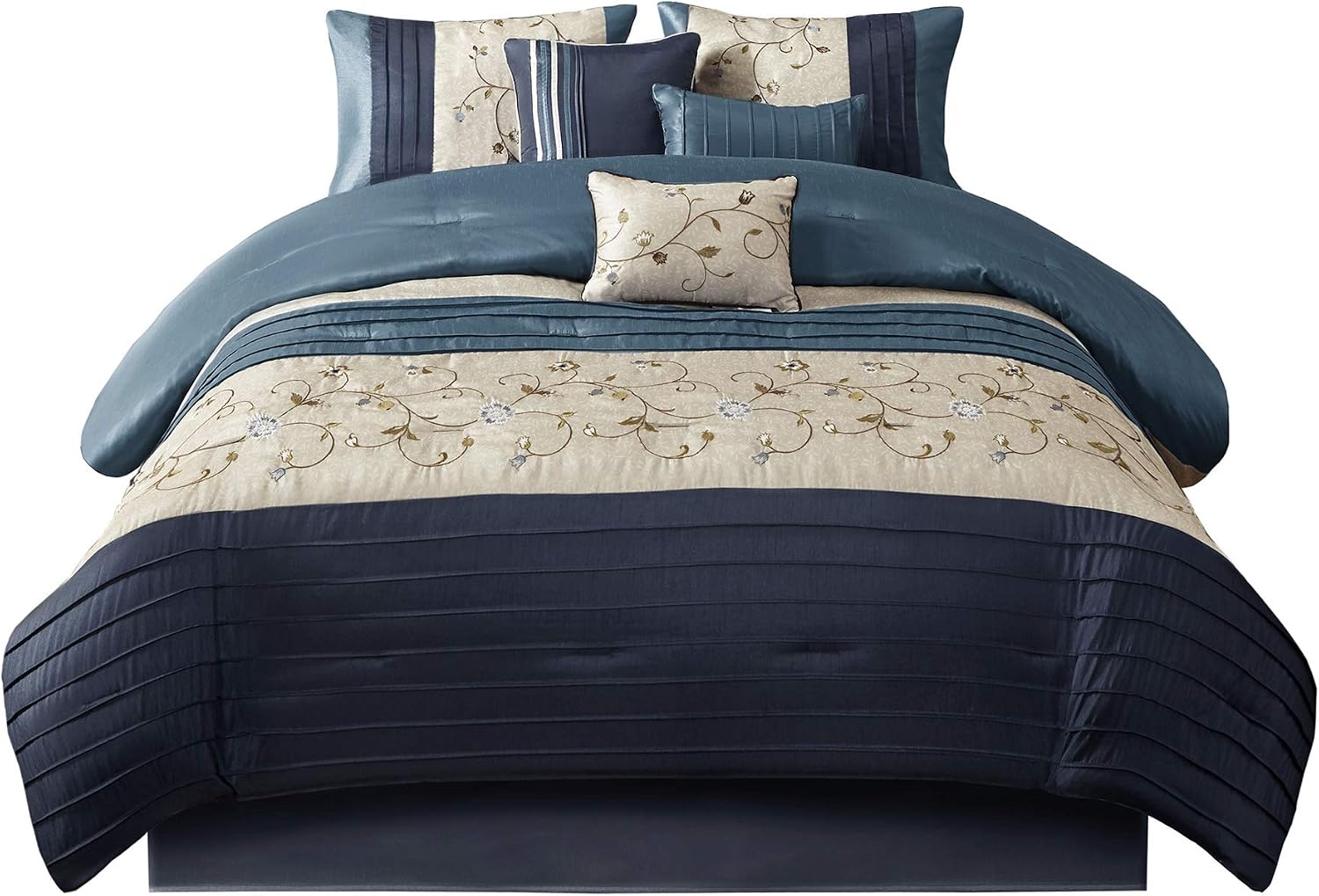 Madison Park Serene Faux Silk Comforter Set - Floral Embroidery Design, All Season Bedding Set, Matching Bed Skirt, Decorative Pillows, Navy Cal King(104'x92') 7 Piece