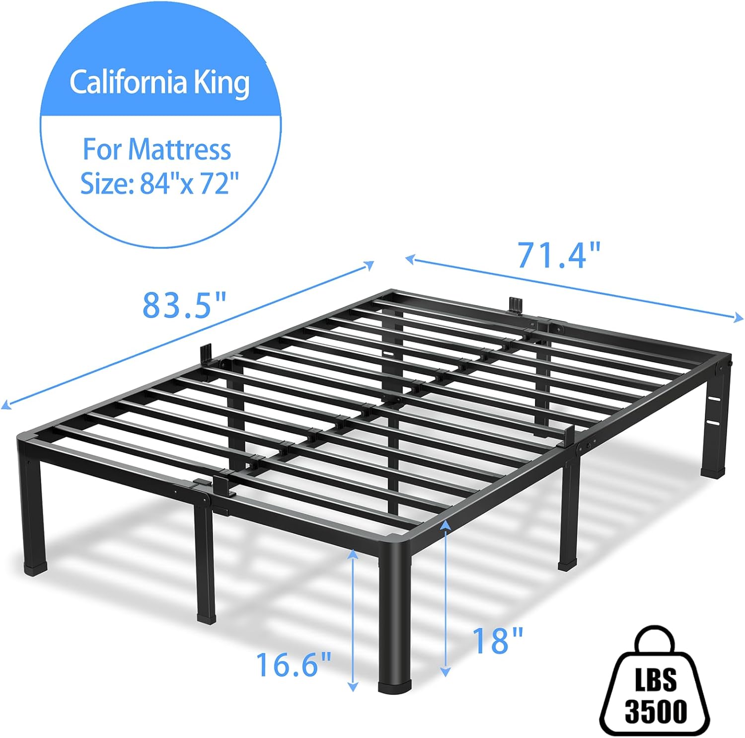 VIPSHOW 18 Inch California King Bed Frame, 3500Lbs Heavy Duty Metal Platform with Round Corner Legs Mattress Slide Stopper, Steel Slat Support No Box Spring Needed, Noise Free, Non-Slip, Easy Assembly