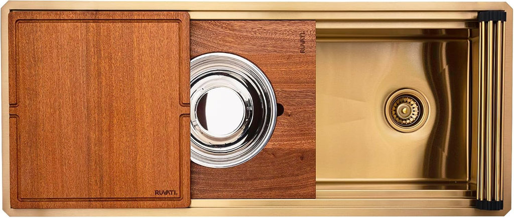 Ruvati 45-inch Polished Brass Matte Gold Stainless Steel Workstation Two-Tiered Ledge Undermount Kitchen Sink - RVH6333GG