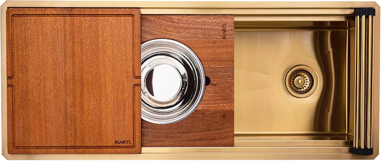 Ruvati 45-inch Polished Brass Matte Gold Stainless Steel Workstation Two-Tiered Ledge Undermount Kitchen Sink - RVH6333GG