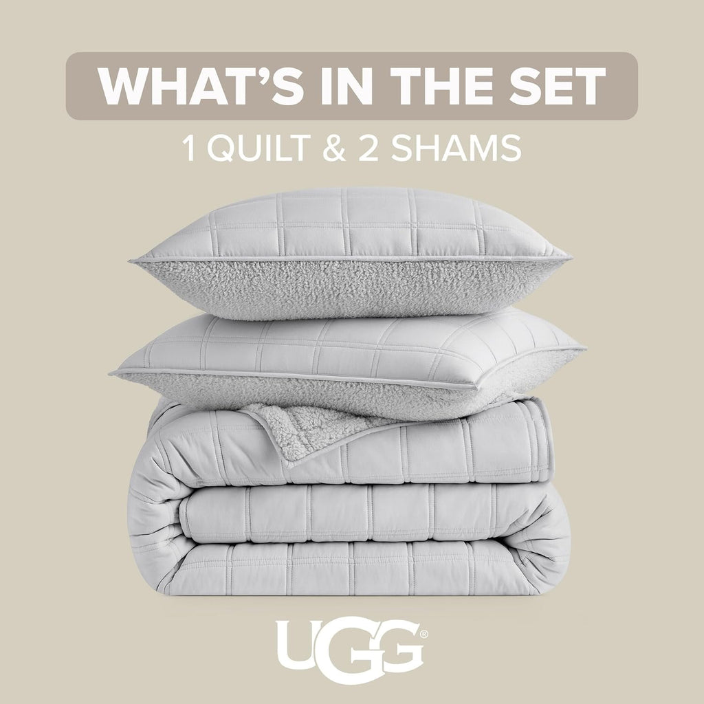 UGG King Quilt Set with 2 Pillow Shams – 3 Piece Lightweight All-Season Bedspread, Ultra-Soft Fluffy Reversible Quilt Set for Apartment, Home & Modern Bedroom Decor, Light Gray(Gizelle)