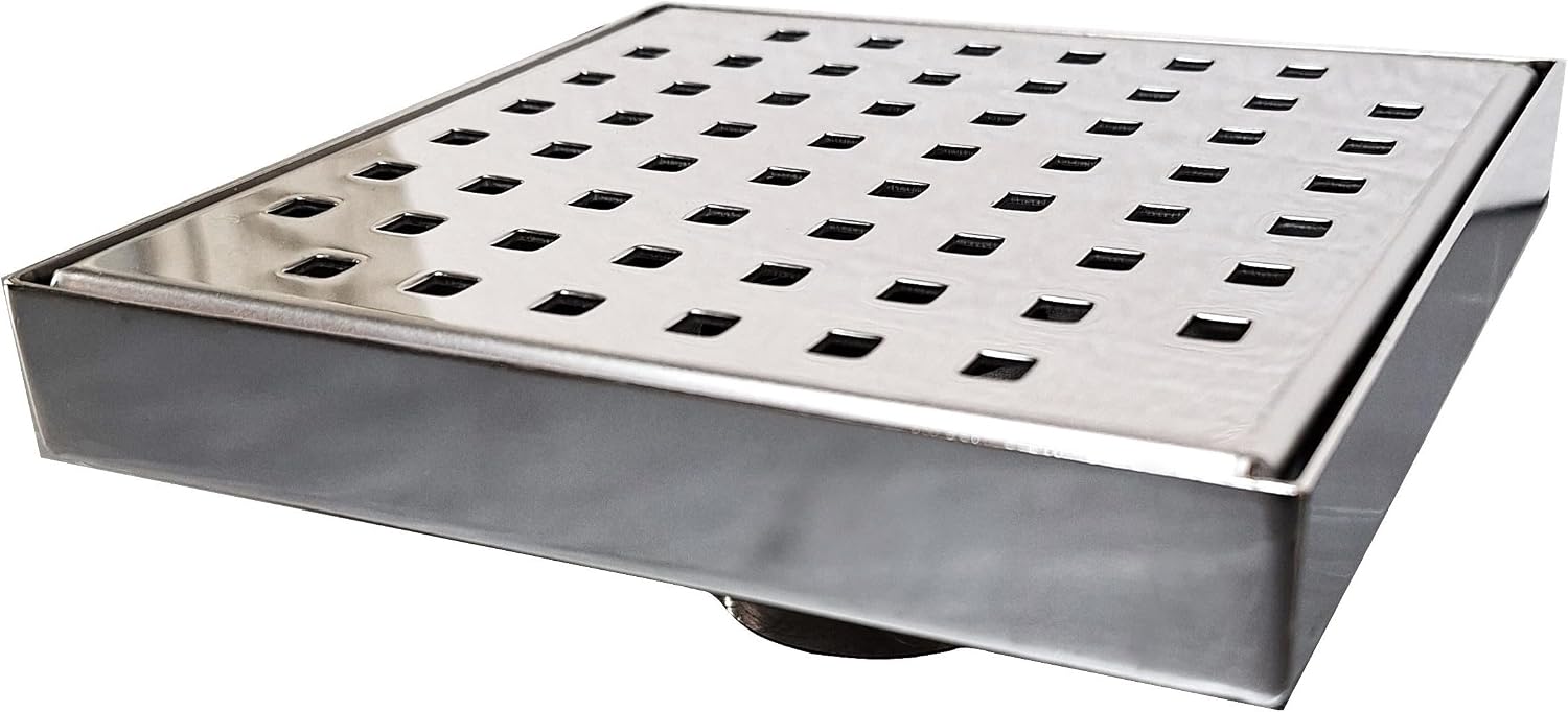 SereneDrains 304 Stainless Steel 6 Inch Square Polished Chrome Shower Drain Kit for Tile Floor Drain Grate Cover Hair Catcher Trap Strainer Filter (Polished Chrome, Traditional Square Design)